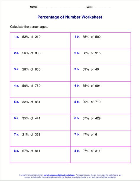 Calculating Percentages Worksheets