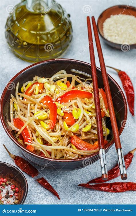 Soybean Sprouts Seedlings Salad with Bell Peppers Stock Photo - Image of gourmet, dish: 139004790