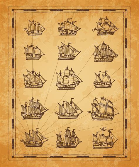 Sailing Ships Vector Hd PNG Images, Vintage Map Sail Ships, Drawing ...