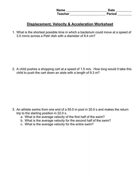 Displacement, Velocity & Acceleration Worksheet