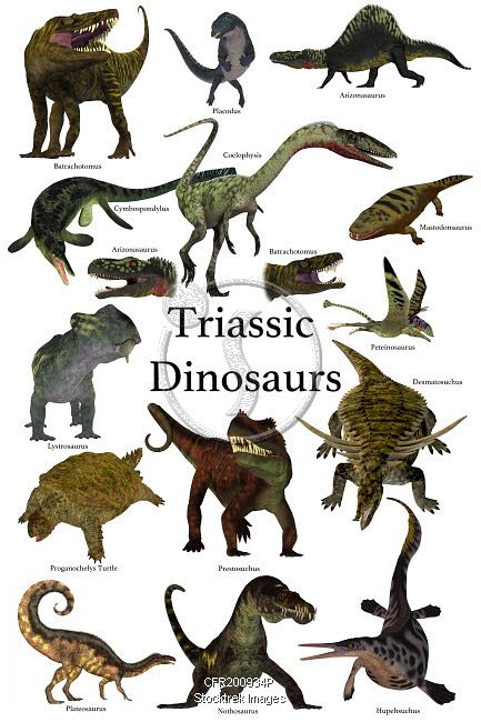 Poster of prehistoric dinosaurs and reptiles during the Triassic period. | Stocktrek Images