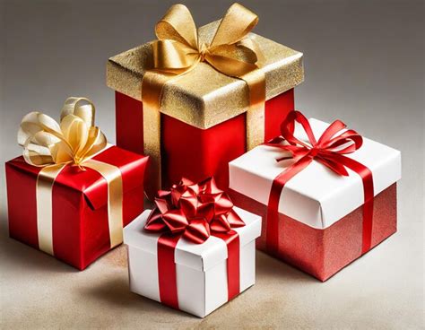 Premium Photo | A collection of red and white gift wrapped presents with a red and gold ribbon ...