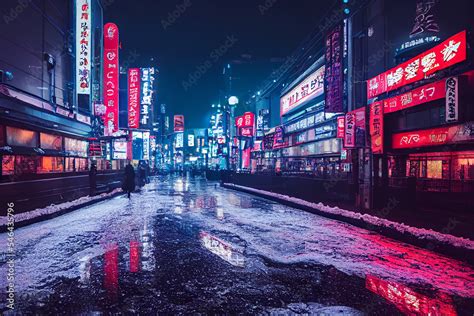 Snowy tokyo street at night with neon signs and blue neon lights at winter snow background. 素材庫 ...