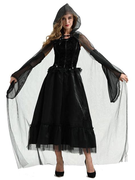 Halloween Evil Witch Costumes For Women Black Lace Scary Dress Cloak ...