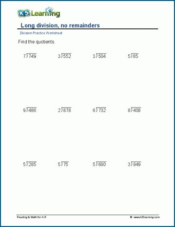 Division, no remainders, 3-digit by1-digit worksheets | K5 Learning