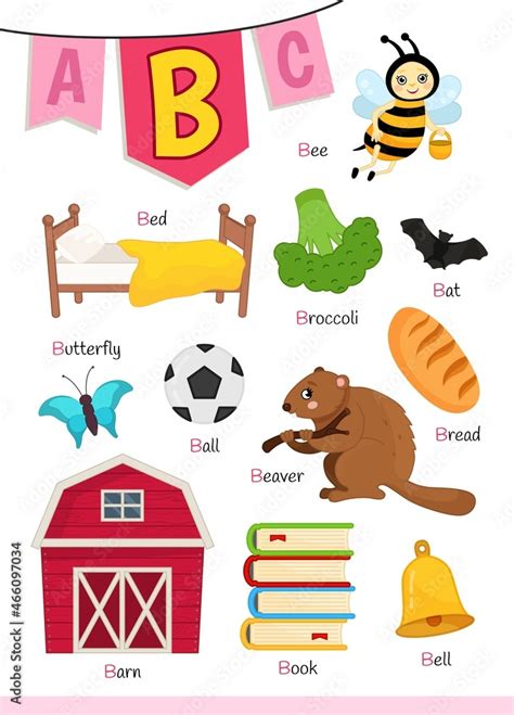 English alphabet with cartoon cute children illustrations. Kids learning material. Letter B ...