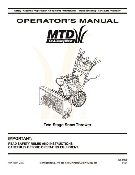 MTD 769-03244 Snow Blower Owners Manual