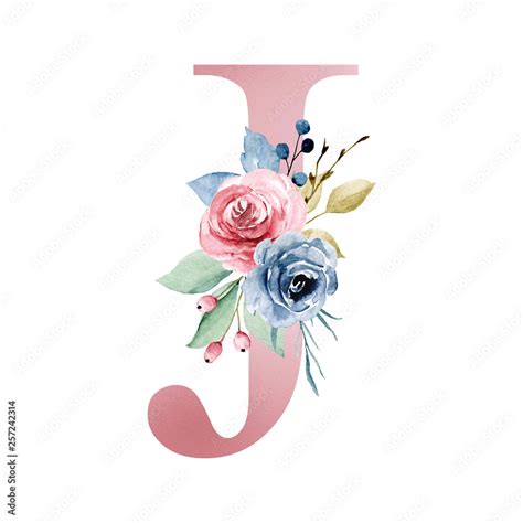 Floral alphabet, letter J with watercolor flowers and leaf. Monogram ...