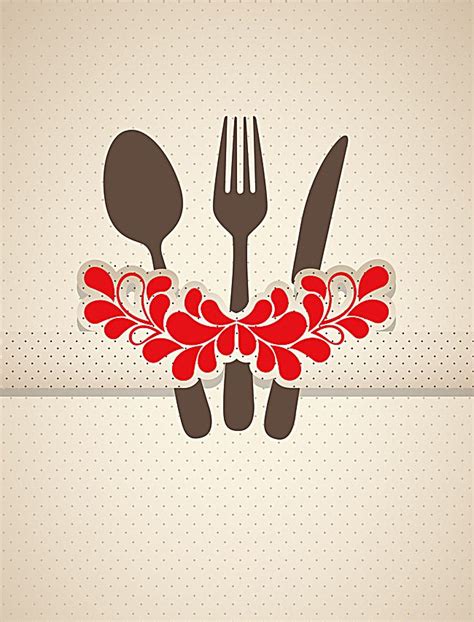 fork, knife and spoon with red flowers on beige background