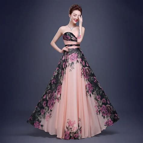 New Design Chiffon Strapless Long Dress Flower Pattern Evening Formal Dress Lace Up Elegant Pink ...