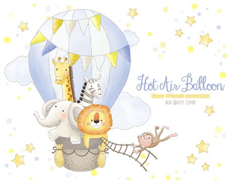 Hot air balloon animals clipart boy watercolor graphic design | Etsy