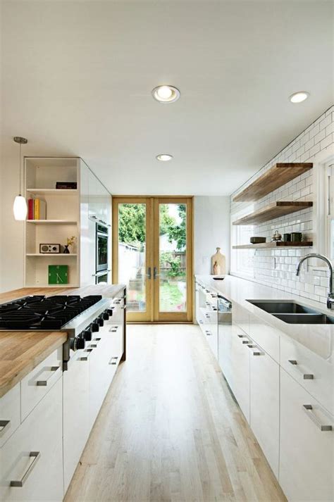 Yellow Galley Kitchen White Cabinets