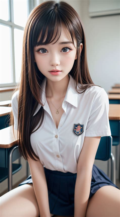 A young woman sitting on a desk in a school uniform - SeaArt AI
