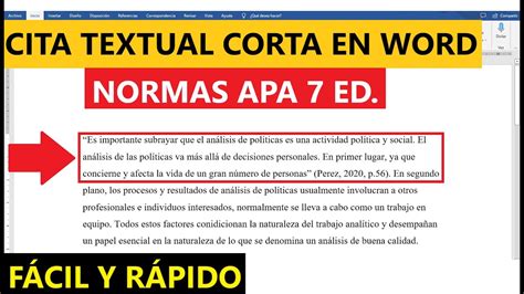 CÓMO HACER UNA CITA TEXTUAL CORTA EN WORD PASO A PASO | EJEMPLO| NORMAS APA 7ma. ED. - YouTube