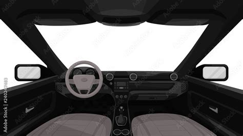 Car salon. View from inside of vehicle. Dashboard front panel. Driver ...