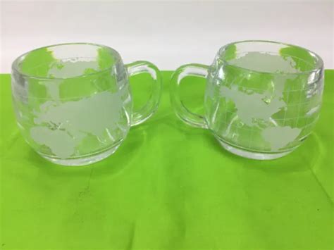 VINTAGE NESTLE NESCAFE World Globe Frosted Glass Coffee Mugs Cups 2 ...