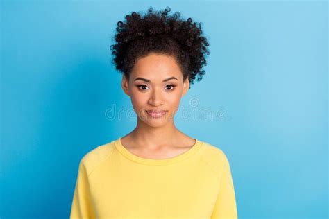Photo Portrait Curly Woman Smiling in Yellow Shirt Isolated Pastel Blue Color Background Stock ...