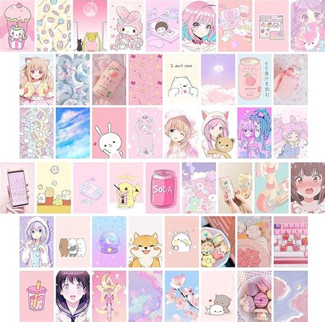 50Pcs Kawai Anime Aesthetic Picture Wall Collage Kit, Pink Cartoon Assembled Print Card Set ...