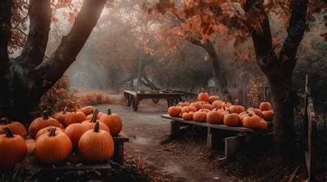 Pumpkins Sit On Benches In A Foggy Area Background, Aesthetic Fall And ...