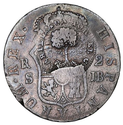 Costa Rica, 2 reales, female head / ceiba tree counterstamp (Type III, 1845) on a Seville, Spain, bu