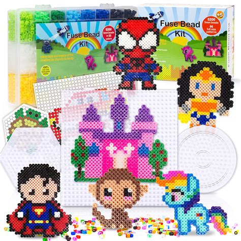 5200 Fuse Bead Set for Kids 5mm 22 Colors 80 Full Size Patterns 3 Pegboards Ironing Paper ...