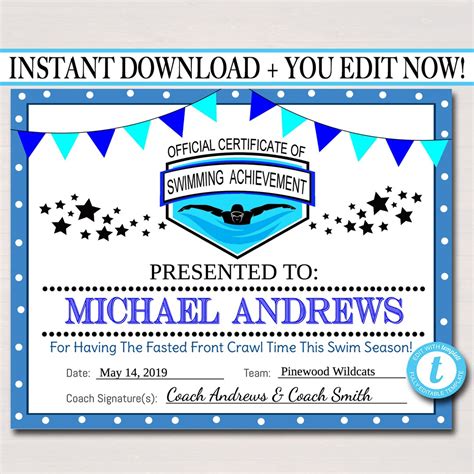 EDITABLE Swim Team Award Certificates, INSTANT DOWNLOAD, Swimming Awards, Swimmer Party ...