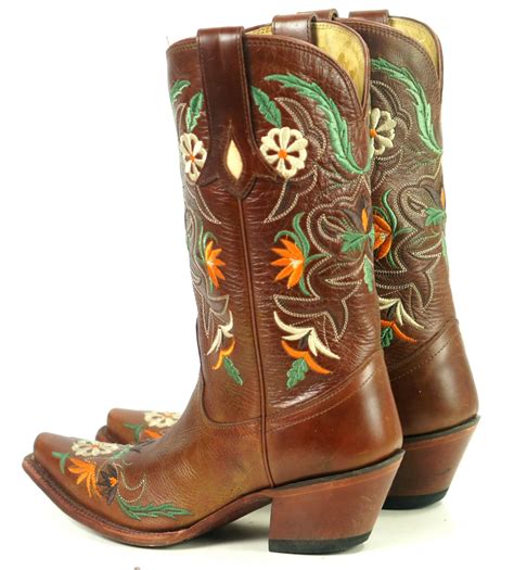 Tony Lama Brown Leather Snip Toe Cowboy Boots Embroidered Flowers Women's 7 B | oldrebelboots