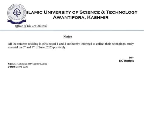 IUST Awantipora Notice for the students residing in Girls Hostel 1 and 2