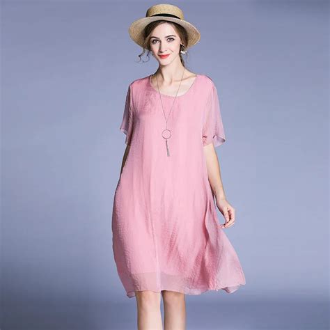 2019 summer silk chiffon loose dresses plus size O neck short sleeves ...