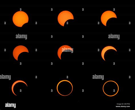 Nine image composite of filtered cycle of annular solar eclipse from Albuquerque, New Mexico ...