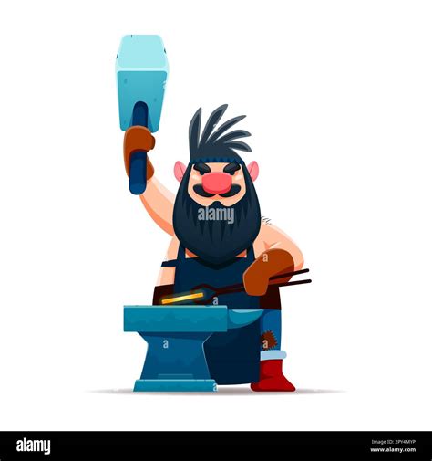 Cartoon gnome dwarf blacksmith character with hammer at forge, vector ...