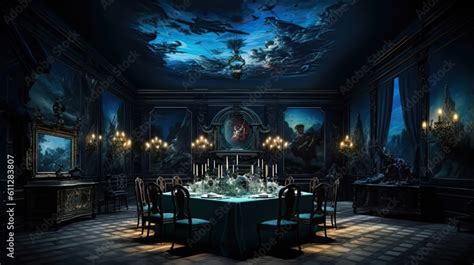 a table and chairs and a ceiling full of paintings in the dining room ...