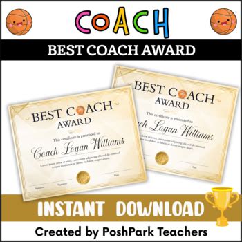 Editable Basketball COACH of the Year Recognition Award Certificate, Gold Brown