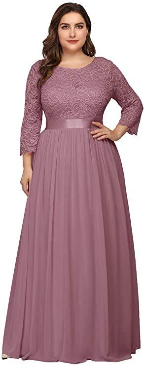 Ever-Pretty Women's Plus Size A-Line 3/4 Lace Sleeves Chiffon Long ...