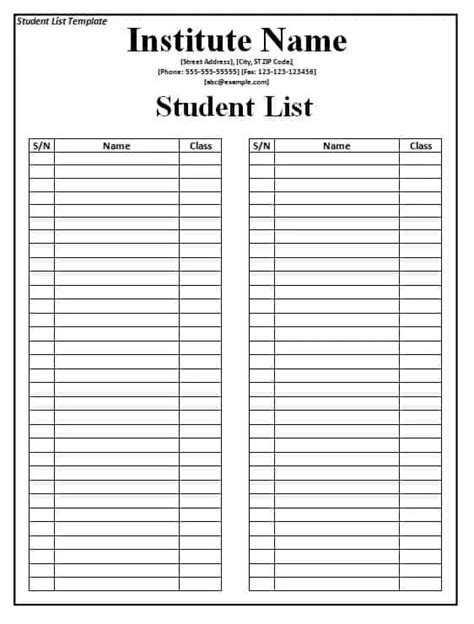 Student List Template - Free Formats Excel Word