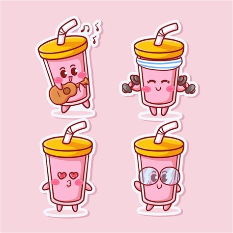 Premium Vector | Cute and kawaii pink milkshake sticker set with ...