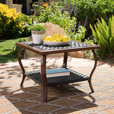 Santos Outdoor Wicker Coffee Table with Wood Finished Metal Legs, Grey ...