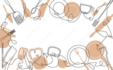 Background for your design works. One Line Drawing of Isolated Kitchen Utensils. Cooking Poster ...