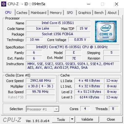 Intel Core i5 1035G1 @ 2992.68 MHz - CPU-Z VALIDATOR