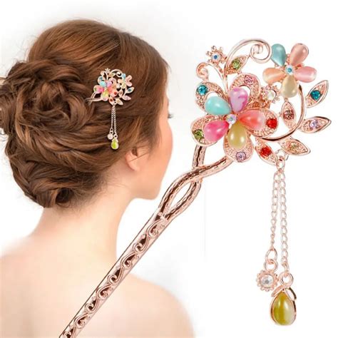 Fashion Hair Stick Women Elegant Hair Pin Colorful Hairpin Crystal Rhinestone Hair Stick Clip ...