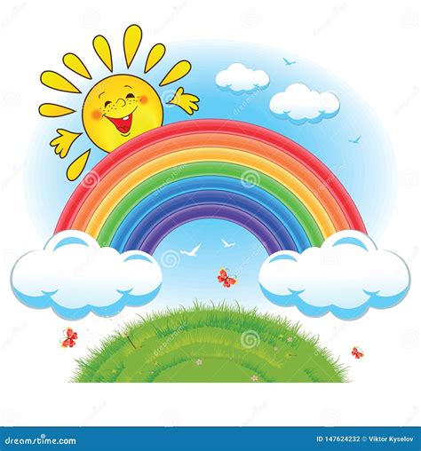 Rainbow, clouds and sun stock vector. Illustration of home - 147624232