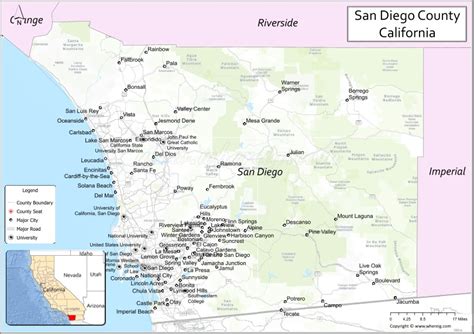 Map of San Diego County, California showing cities, highways ...