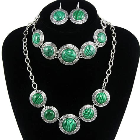 FLOLA Vintage Green Stone Jewelry Sets Tibetan Green Malachite Stone Collar Necklace Stud ...