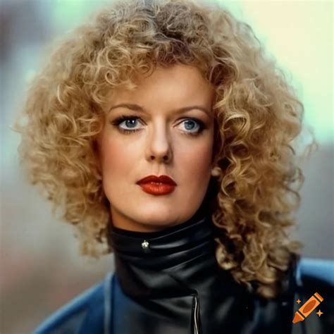 Portrait of mary hart in a black leather outfit on Craiyon