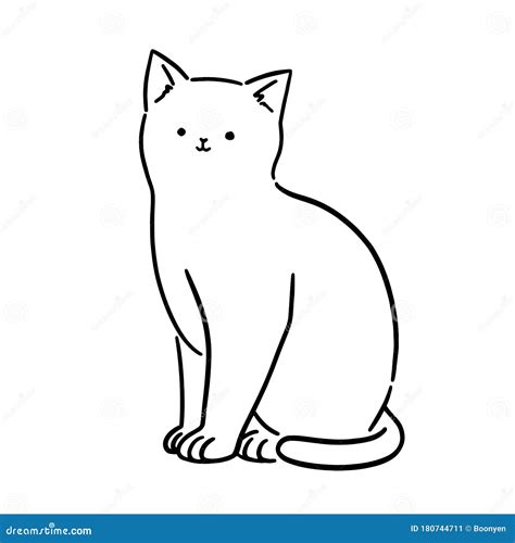 Cute White Cat Sitting, Line Art, Hand-drawn Style Vector Illustration Stock Vector ...