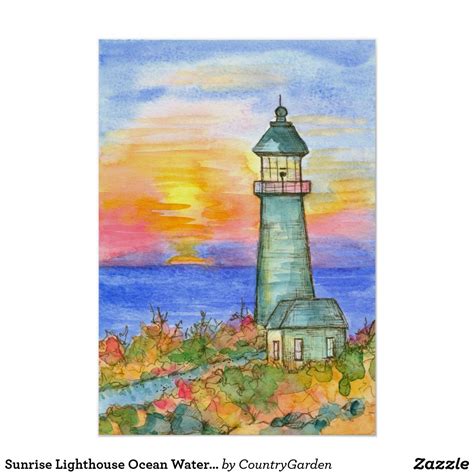 Sunrise Lighthouse Ocean Watercolor Painting Poster | Zazzle | Painting ...