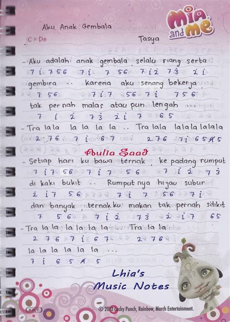 Not Angka : Tasya – Aku Anak Gembala | Lhia's Music Notes