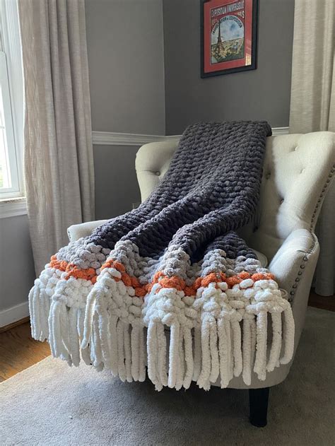 Chunky Fringe Blanket - Orange and Gray Throw | Chunky yarn blanket, Hand knit blanket, Chunky ...