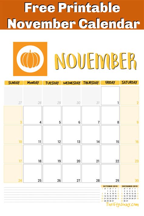 Free November Calendar Printable Page - Thrifty Jinxy