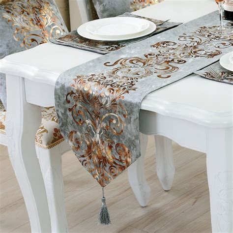 New coffee Gray Table Runner Cloth Wedding Decor Flocked Damasks Raised Flower Blossom Free ...